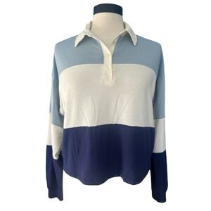 Self E Rugby Crop ColorBlock Blue Long Sleeve Polo Top Med Sporty Ivy League